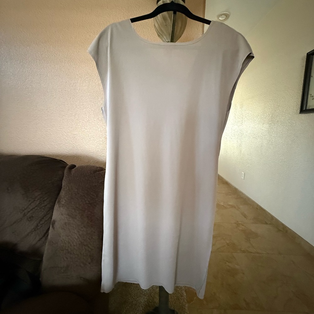Millau tan Sheath Midi Dress with Cap Sleeves 37 inches from shoulder down.